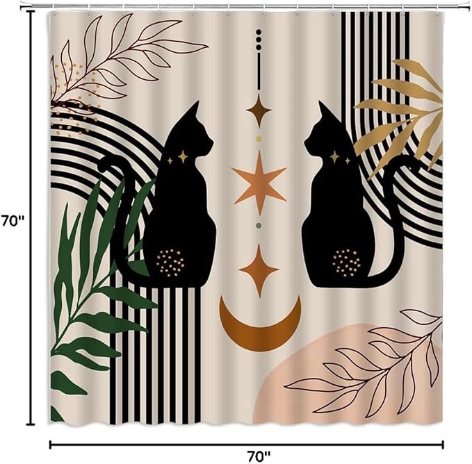 Boho Mid Century Black Cat Shower Curtain Black Beige Retro Abstarct Moon Stsr Boho Abstract Geometric Arch Minimalist 1950s 60s 70s Fabric Bathroom Decor Curtain Sets with Hooks,Beige Black