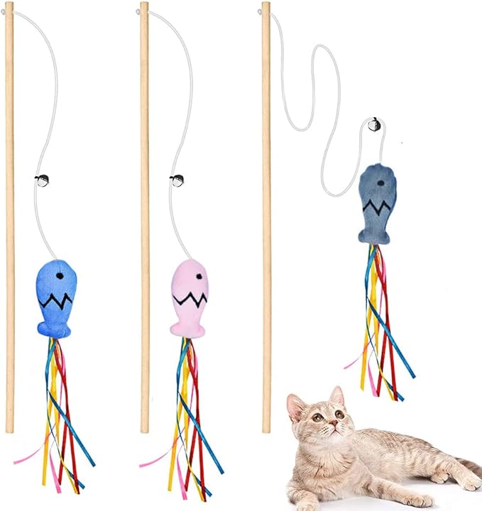 IUHKBH Cat Wands, 3 PCS Wood Cat Teaser Wands Interactive Cat Toys with Catnip Fish for Cat and Kitten