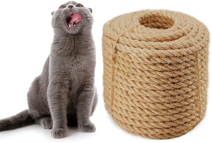 Sisal Rope 6mm for Cat Scratcher Repair and Replace Cat Scratching Post, DIY Scratching Furniture - Cat Tree, Scratch Carpet & Mat, Cat Kicker Toys, Natural Jute 98ft/30m