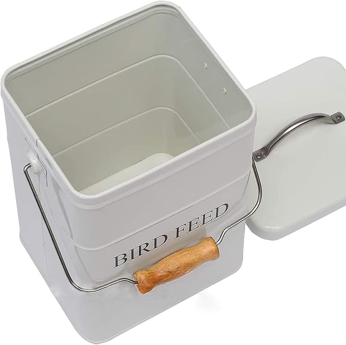 DEAYOU Metal Bird Seed Container with Scoop, Treats Storage Bin, Coated Carbon Steel, Tight Fitting Lid, White