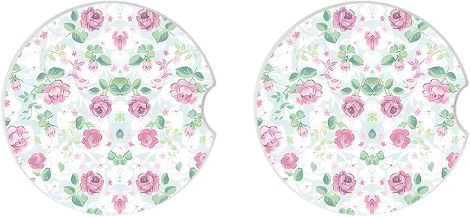 Car Coasters for Drinks Absorbent,2 Pack Cup Holders,2.56" Ceramic Stone & Non-Scratch Cork Base Coasters,Auto Accessories for Women & Men(Pink Flowers).
