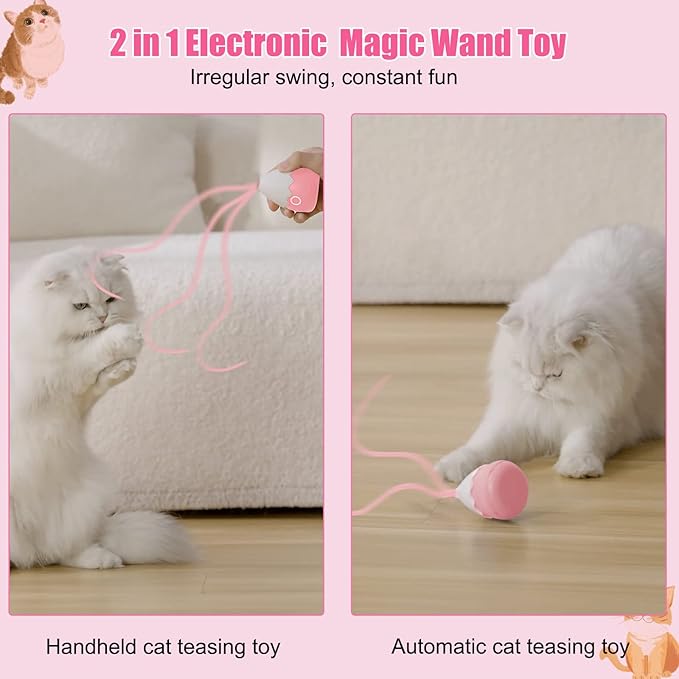 Cat Toys Interactive for Indoor Cats, Automatic Cat Wand Toy Silicone Tail Teaser Toy 2 in 1, Rechargeable Exercise Toy for Kitten-Pink