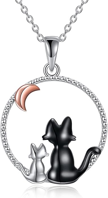 AXELUNA Black Cat Necklace 925 Sterling Silver Kitten Pendant Circle Crystal Necklace Cat Jewelry Gifts for Women Girls Girlfriend Animal Lovers