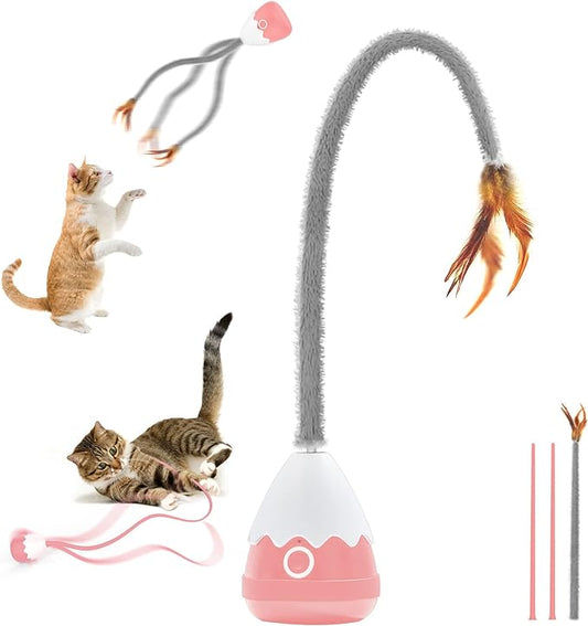 Cat Toys Rechargeable Cat Wand Toy with Teaser Plush/Silicone Tail, Electronic Cat Toys Interactive for Indoor Cats/Kittens, Automatic Exercise Cat Toy - Pink