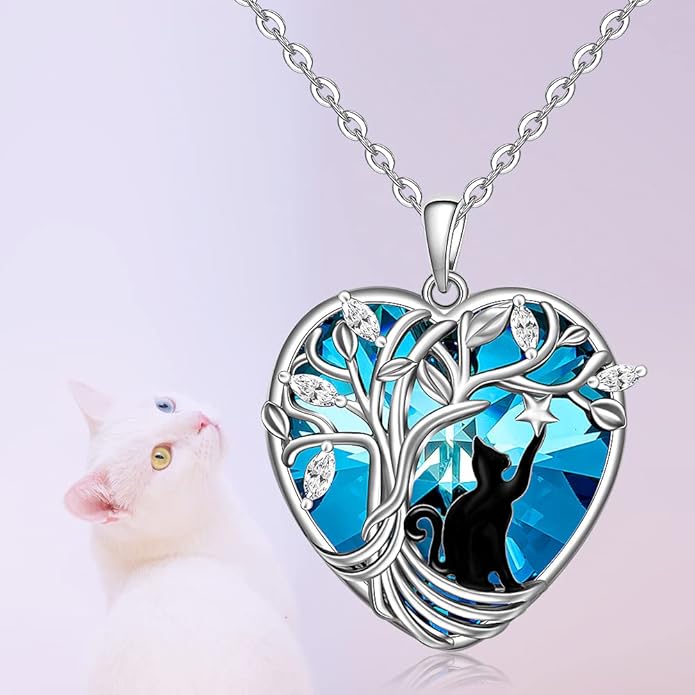 Black Cat Necklace for Women Sterling Silver Tree of Life Crystal Cat Pendant Necklace Heart Cats Jewelry Charms Friendship Memorial Valentines Christmas Gifts