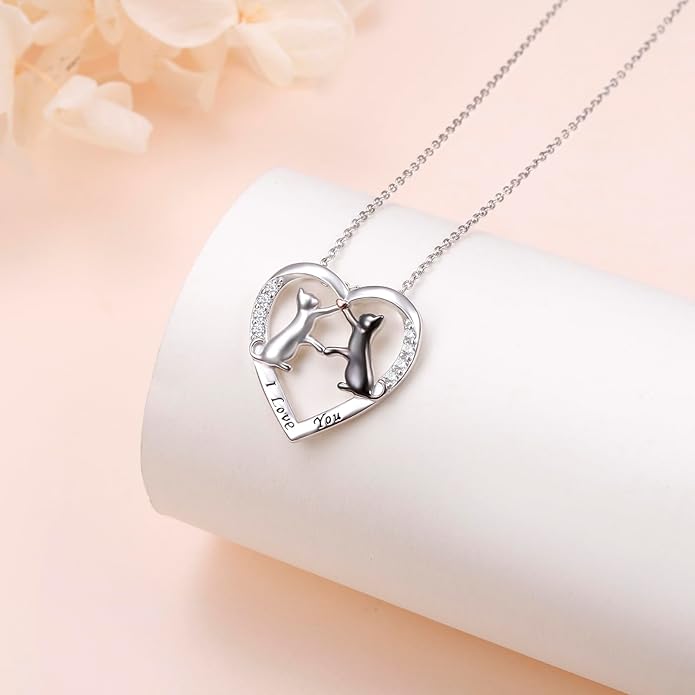925 Sterling Silver Cat Necklace for Women Small Red Heart Cat Jewelry Pendant Necklace with Cubic Zirconia Dainty Double Cat Necklace Birthday Anniversary Christmas Gifts for Women