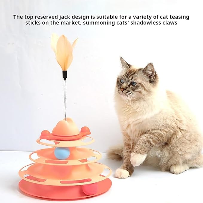 Cat Tower with Track Ball and Feather, Interactive Cat Toy for Indoor Adult Cats(Orange)