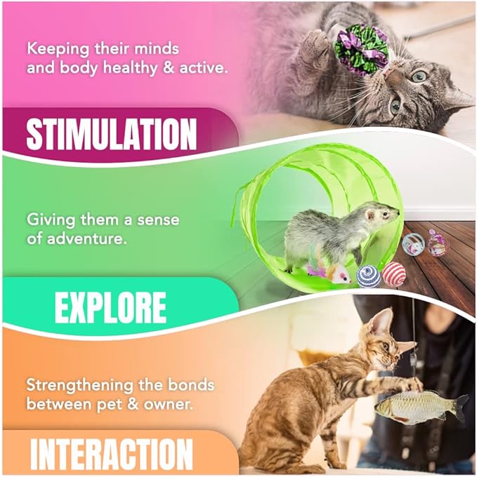 SunGrow Ferret & Cat Tunnel and Assorted Activity Variety Pack, Interactive Kitten & Ferret Accessories, for Indoors, Teaser Wand, Crinkle Balls, Bell Set, etc. (Assorted Toys, 30 Pieces)