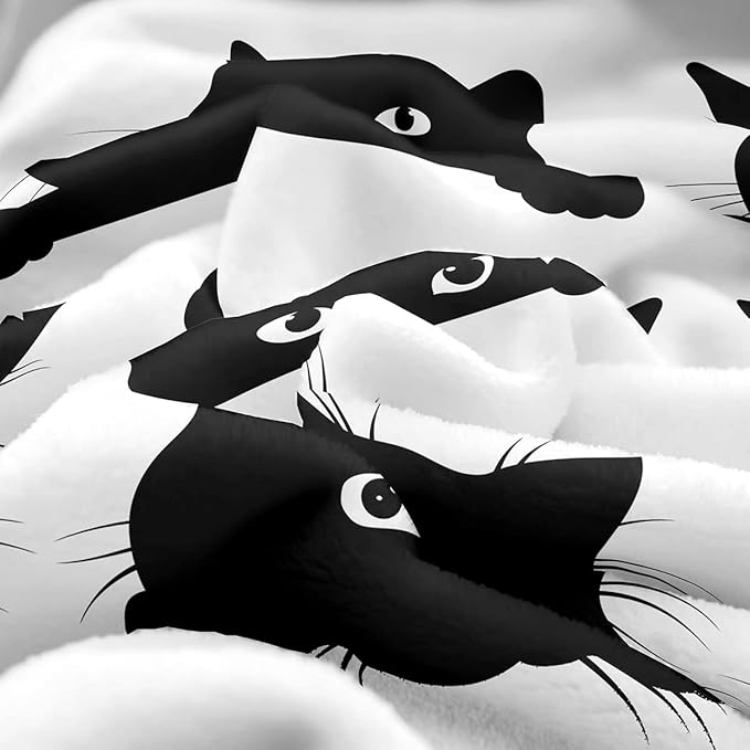 Feelyou Black Cat Blanket for Kids Toddler Cute Pet Cats Pattern Fleece Throw Blanket Lovely Kitten Plush Blankets and Throws Super Soft Cozy Animal Sherpa Blanket for Couch Bed Sofa 60"x80" White