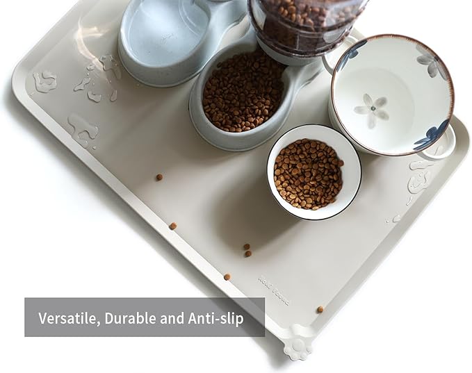Hoki Found X-Large Silicone Pet Food Mats Tray - Non Slip Pet Dog Cat Bowl Mats Placemat - Dog Pet Cat Feeding Mat - Waterproof Dog Cat Food Mats -Pet Water Mats for Carpet - Cream Brown