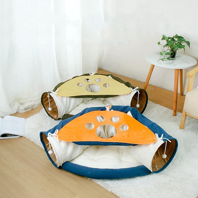 2-in-1 Collapsible Cat Tunnel for Indoor Cat Bed and Hideout for Pet Dog Rabbit Bunny Ferret Tunnel Tubes Toys with Removable Washable Mat, Cat Tower Wheel Stuff