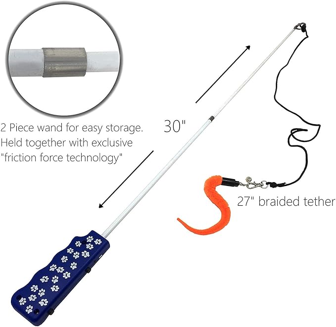 Pet Fit For Life Rechargeable Pet-Safe Combination LED Chaser and Cat Teaser Wand with Feather Toy and Interactive Squiggly Worm - Mimics Bird Chirping Sounds