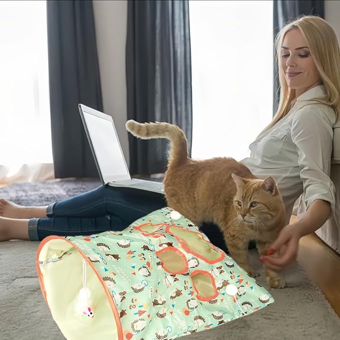 SYCOOVEN Cat Tunnel Bag for Indoor Cats, Pet Collapsible Tunnel Crinkle Sack Bag with 1 Little Mouse & Toy Ball, Crinkle Paper Interactive Cat Toys Hide and Seek(Green Pattern)