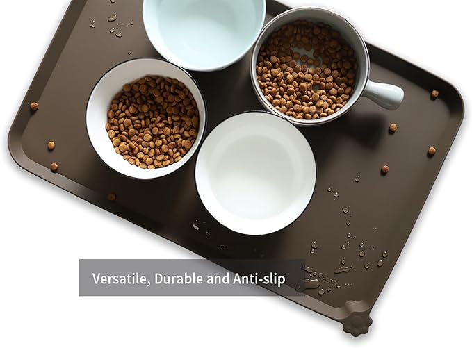 Hoki Found L Silicone Pet Food Mats Tray - Non Slip Pet Dog Cat Bowl Mats Placemat - Dog Pet Cat Feeding Mat - Waterproof Dog Cat Food Mats -Pet Water Mats for Carpet - Coffee