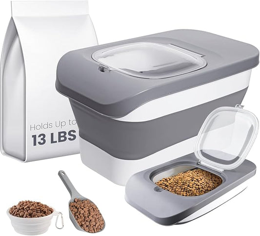 Collapsible Dog Food Container,10-13 LB Cat Food Containers Bin with Lids, Large Pet Food Storage Containers,Dry Food Storage Containers Can Be Use As Cereal Rice Storage Bin, grey