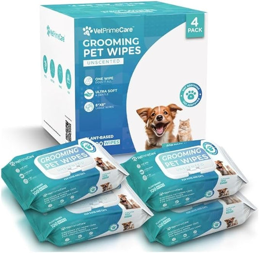 Pet Grooming Wipes for Dogs & Cats, 8” x 8” Plant-Based, Wipes for Cleaning & Deodorizing, Suitable for Pets Body Like Face, Paws, Belly, and Butt, Unscented - 400 Count
