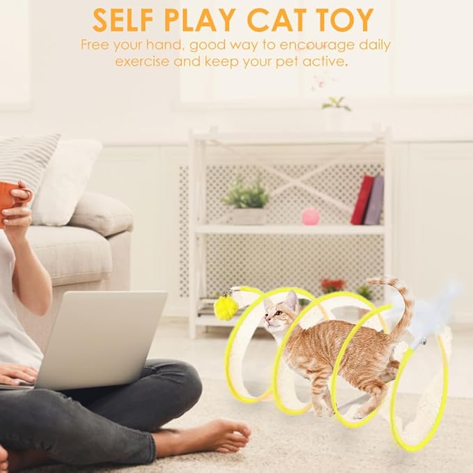 Cat Spiral Tunnel Toy Collapsible, Self Play Toy for Indoor Cats, S Type Tunnel with Feather Toys, Interactive Cat Springs Toys, Puppy, Kitty, Kitten, Rabbit (Yellow)