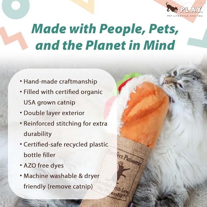 P.L.A.Y. Cute Cat Toys - Feline Frenzy Interactive Kicker Toy, Sandwich Food Themed Catnip Filled Toy, Great for Adult Cats and Kittens - Double Stitched, Recycled Materials, Crinkles (Tuna Baguette)