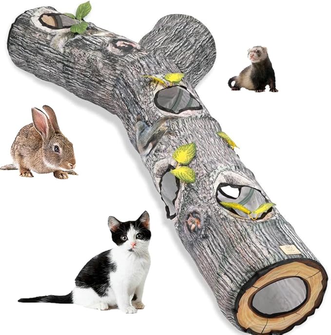 Cat Tunnels Collapsible Pet Tube - Interactive Tree Trunk Cat Activity Play Tunnels with Peek Holes Plush Bell Toys, Pets Puzzle Hunt Chase Training Center for Kitten, Ferret, Small Animals