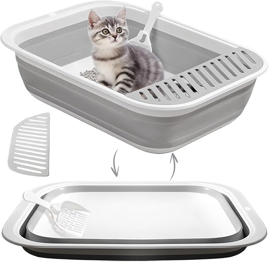 2Pcs Cat Litter Box, Collapsible Kitten Litter Box with Scoop, Open Potty Pan Cat Toilet Portable Cats Litter Box Travel Litter Easy to Clean and Assemble