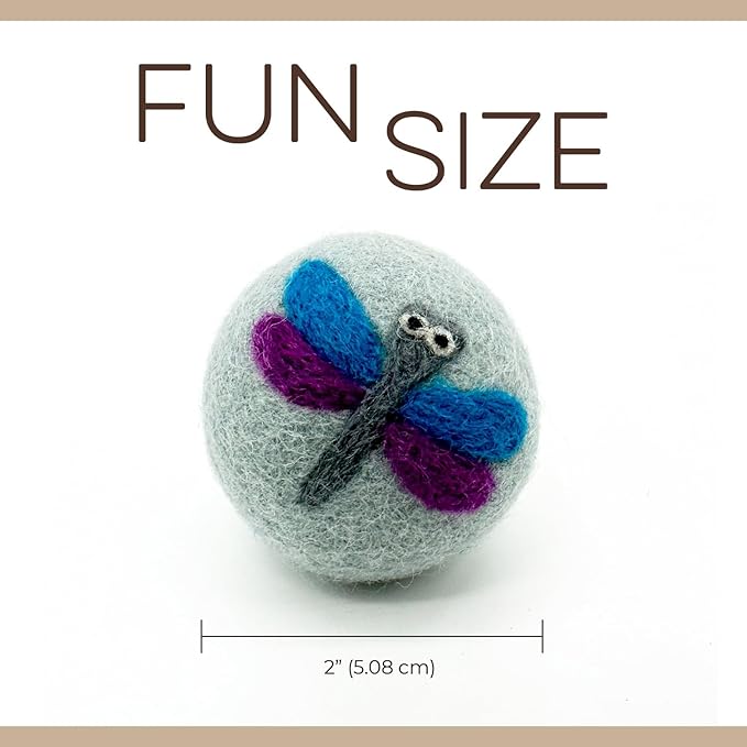 Hustle & Blush Wool Felt Balls 3 Pack Love Ewe Pet Supplies 2" Felted Wool Cat Toys 100% New Zealand Wool Felt Cat Toys Handmade Wool Felt Balls, Colorful Wool Balls for Cats - Dragonfly and Butterfly