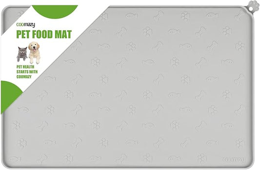 Coomazy Dog Cat Food Mat, Waterproof Non-Slip Silicone Feeding Mat for Floor, with Raised Edge to Prevent Food Spills and Water Runoff (Gray, 18.9x11.8)