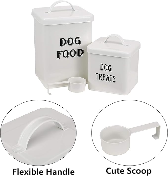 Pethiy Dog Food and Treats Containers Set with Scoop for Dogs-Vintage White Powder-Coated Carbon Steel - Tight Fitting Lids - Storage Canister Tins Small-White