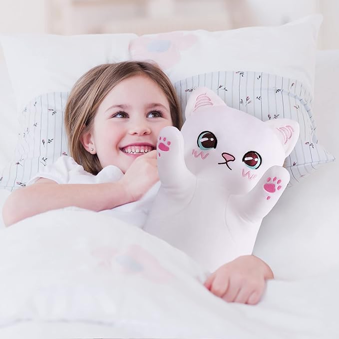 Cat Soft Plush Pillow Cute Cat Body Pillow, Long Stuffed Cat Plush Cat Stuffed Animal Toy Kitten Long Throw Pillow Gift for Kids Girlfriend(50CM,White)