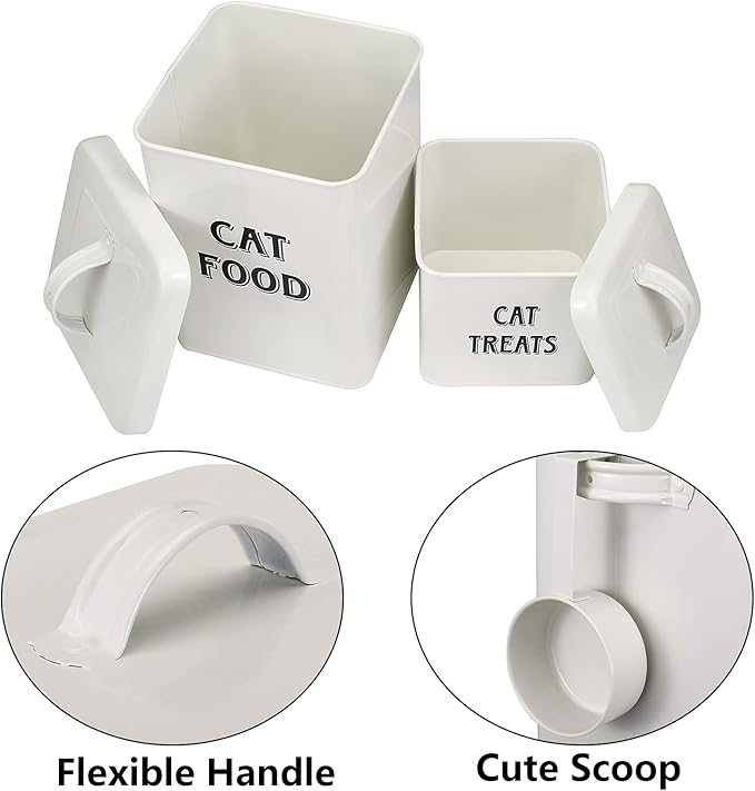 Pethiy Cat Food and Treats Containers Set with Scoop for Cats-Vintage Cream Powder-Coated Carbon Steel-Tight Fitting Lids-Storage Canister Tins-catfood-white
