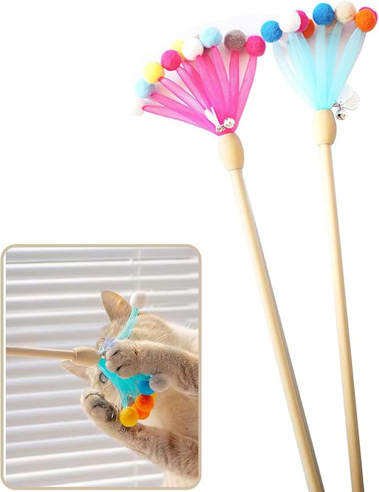 IUHKBH Cat Wands, 2 PCS Mesh Yarn Hairball Cat Teaser Wands Charmer Interactive Cat Toys for Cats and Kittens