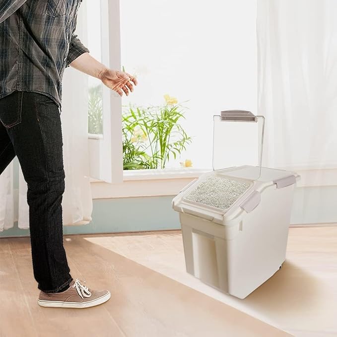 RUIAN Dog Food Storage Container with Scoop,Rice Flour Container on Wheels,Airtight Cat Birds Food Bin Grey & Pink