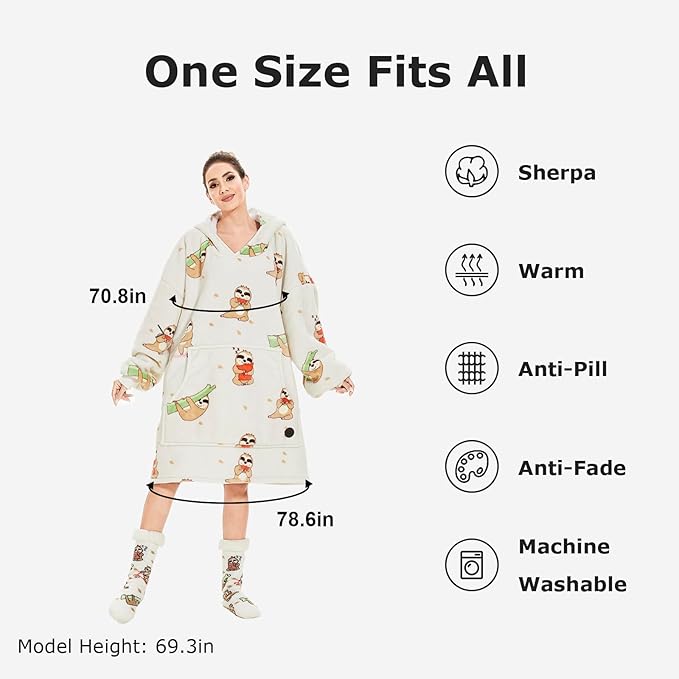 THREE POODLE Wearable Blanket Hoodie for Women, Oversized Sherpa Sweatshirt Blanket for Adults Men, Warm Cozy Sloth Hooded Blanket, Gifts for Mom Girlfriend Sister