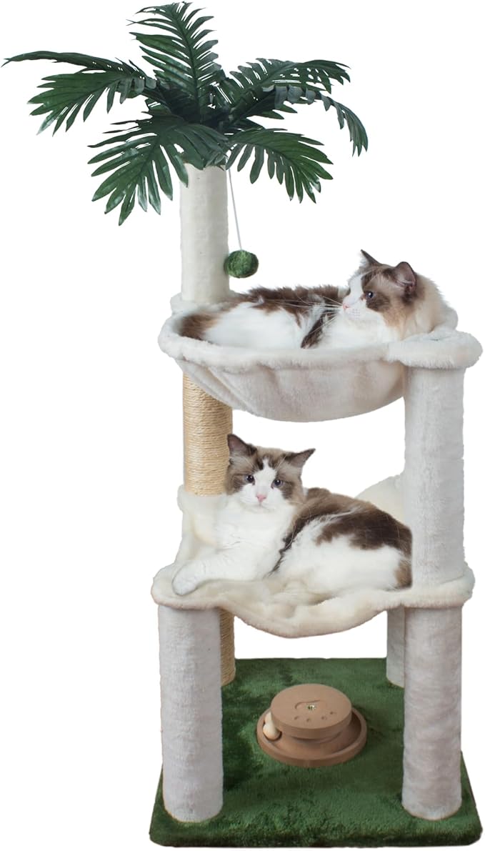 Cat Scratching Post 30 Inches Small Cat Tree Tower with Two Cat Hammock, Double Cat Hammock with Cat Toy Wooden Interactive, Cat Condo for Kitten and Adults Cat