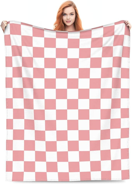 Rosy White Checkerboard Throw Blanket Soft Cozy Plush Warm Fleece Blanket for Sofa Couch Bed 60"X50"