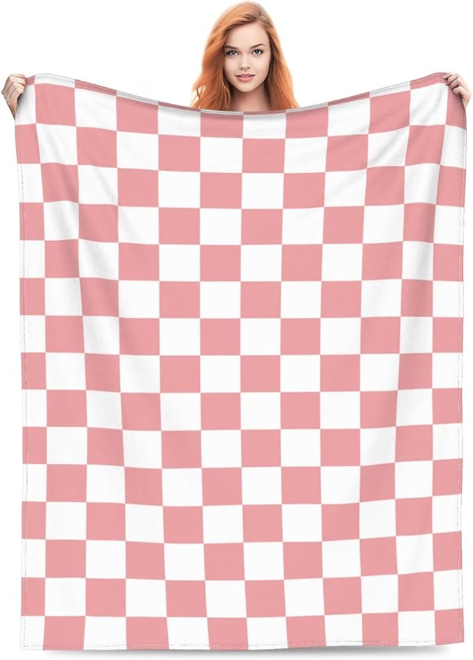 Rosy White Checkerboard Throw Blanket Soft Cozy Plush Warm Fleece Blanket for Sofa Couch Bed 80"X60"