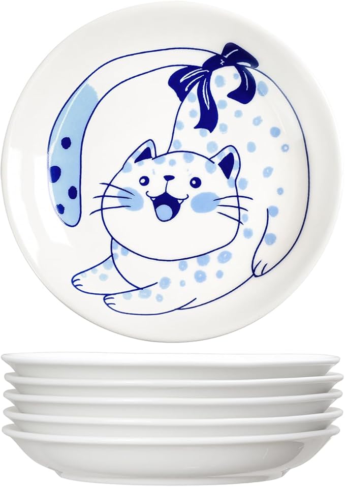 Blue and White Porcelain Vintage Cats Pattern Dessert Plates, Appetizer Plates, Snack Plates Set, Seasoning Dishes, Side Dishes, Saucer Dipping Bowls, 6 PCS-Blue Cats-5 Inch