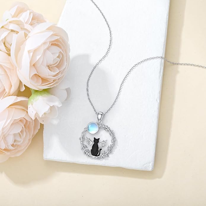 Black Cat Necklace for Women 925 Sterling Silver Moonstone Necklace Cat Pendant Necklaces Ladies Cat Jewelry Birthday Cat Gifts for Mom Cat Lovers