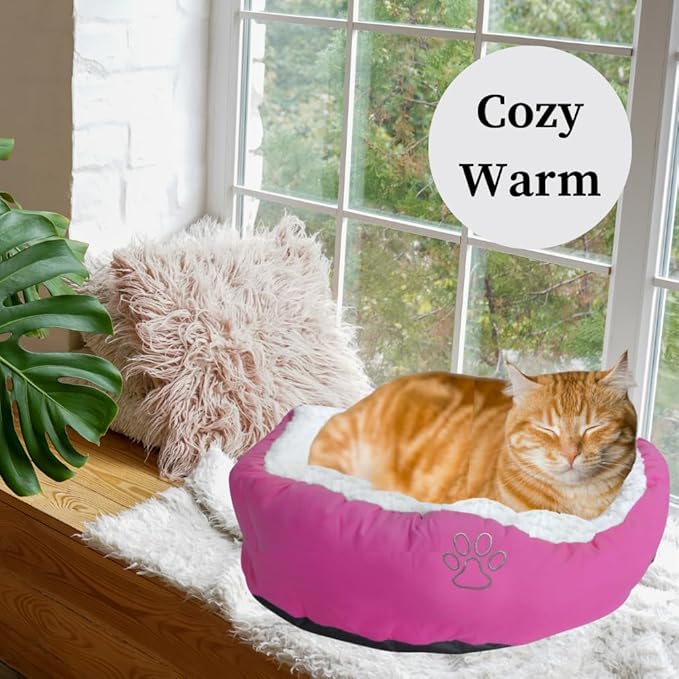 Evelots Warm Pet Bed for Cats or Small Dogs - Calming, Anti-Anxiety, Soft, Cozy Donut Cuddler -Removeable Fluffy Sherpa Insert- Machine Washable -Fleece Lining- Non-Slip Bottom -Assorted Colors