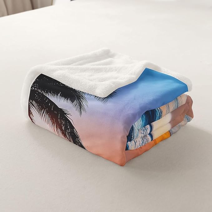 Ocean Wave Fleece Throw Blanket for Bed Sofa Couch Summer Sea Beach Sherpa Blanket Hawaiian Tropical Palm Tree Printed Soft Women Men Plush Fuzzy Air Conditioner50 x60