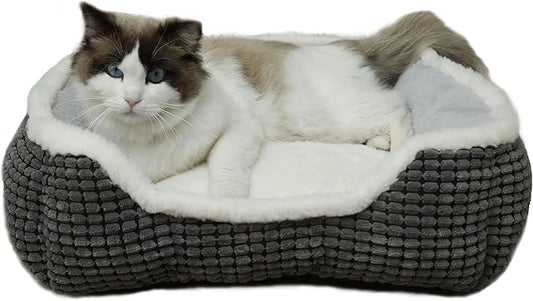 Dog Beds for Small Dogs, Cute Cat Beds for Indoor Cats, Super Soft Washable Cat Bed with Anti-Slip & Water-Resistant Bottom, Luxury Durable Kitten Bed and Puppy Bed, Square Grey Animal Pet Beds