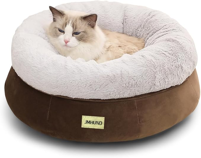 Cat Bed for Indoor Cats,Round Cat Bed for Small Pets,Washable Pet Bed with Non-Skid Bottom,Pet Bed for Puppy and Kitty,19 Inches,Brown