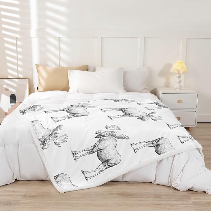 Feelyou Moose Fleece Wild Animal Theme Sherpa Blanket for Chair Sofa Couch Cartoon Moose Plush Throw Blanket Breathable Gray Wildlife Style Fuzzy Room Decor 50"x60"