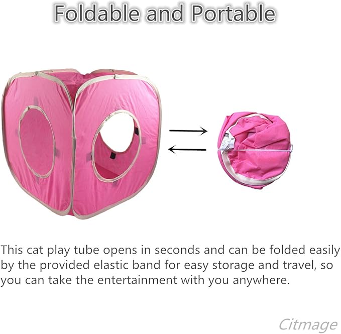 Citmage Cat Cube Pop Up Non-Woven Fabric Play Tent Toy with Hook and Loop,3 Peek Holes Collapsible,Lightweight,Provide Exercise Game for Cats,Kitties,Puppies (Pink)
