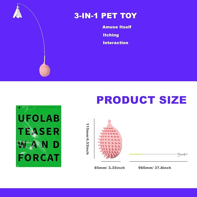 Cat Self Groomer with Cat Wand Toys Cat Wall Corner Scratcher Comb Cat Feather Toys with Bells Cat Grooming Massage Brush Cat Wall Scratcher Self Cleaning Cat Brush Interactive Wand Kitten Toys