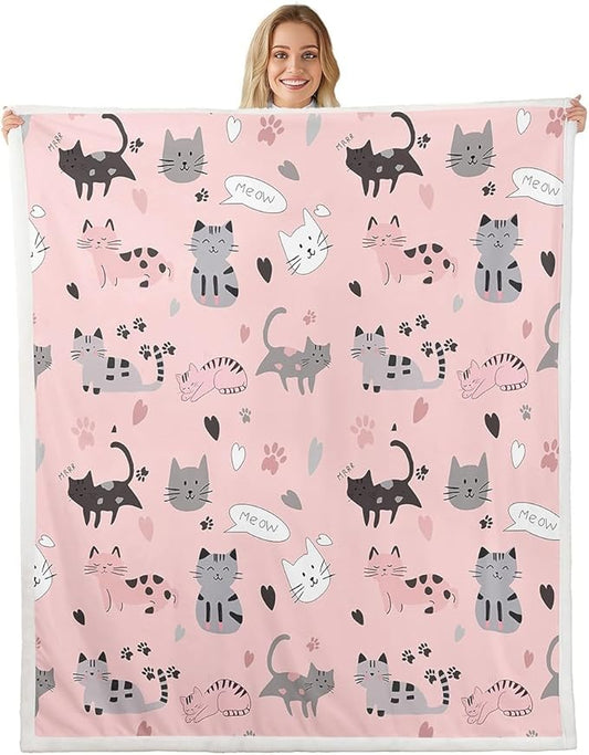 Kawaii Kitten Rainbow Cat Fleece Blanket - Toddler & Twin Size, Cute Pets Themed, Sherpa, Cheetah Print, Travel & Bedroom Set
