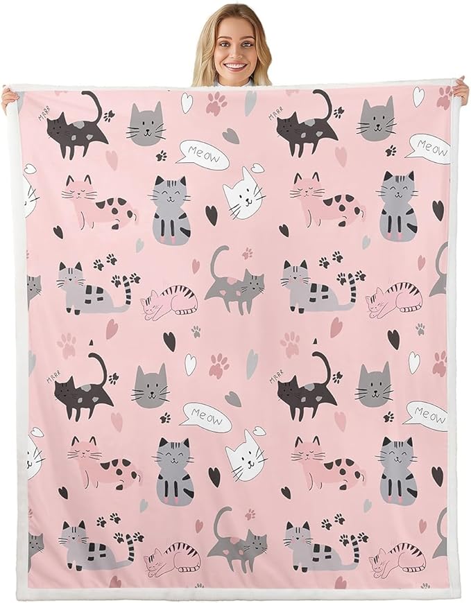 Pink Cat Fleece Blanket for Girls - Gray Black Cats Sherpa for Kids Boys - Cute Paw Print Baby Size Kawaii Hearts Throw for Sofa - Kitten Meow Printed Flannel Lightweight