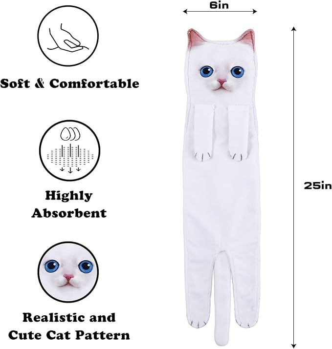 Funny Hand Towels for Bathroom Kitchen - Cute Decorative Cat Decor Hanging Washcloths Face Towels Super Absorbent Soft - Mothers Day Easter House Warming Birthday Gifts for Women Cat Lovers-White