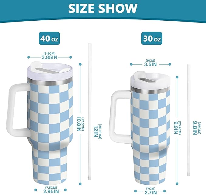 Boccsty Checkered Colorful Blue Insulated Tumblers Reusable Stainless Steel Tumbler 30 oz Cup Coffee Travel Mug Water Bottle with Handle & Flip Straw for Home Office Car