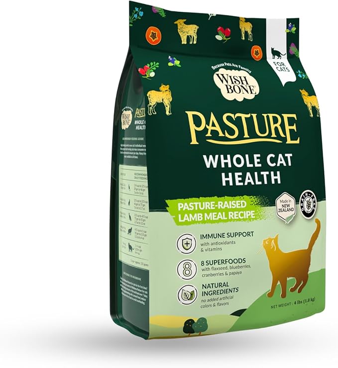 Wishbone Pasture New Zealand Lamb, Gluten Free, Grain Free Dry Cat Food, Premium Lamb Recipe Cat Food for Overall Pet Health - 4 lb