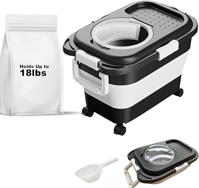 Dog Food Storage Container,Collapsible Dog Food Container with Travel Silicone Bowl and Scoop for Dog/Cat/Bird Food,Keep Dry Food Fresh,Easy to Move.(Black 18LB)